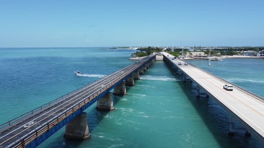  Drone view of the old and new Seven Mile Bridge in Marathon Key Florida 