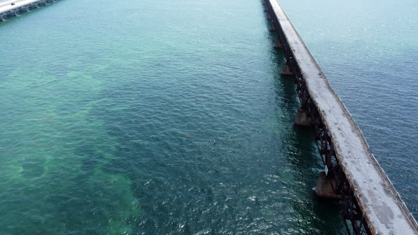 Drone view top down of the Bahia Honda Flagler Railroad bridge 