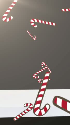 Animation of snow and candy canes falling over christmas trees on black background. christmas, tradition and celebration concept digitally generated video.