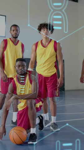 Animation of dna strand and data processing over diverse basketball players on court. Global sports, competition, connections, computing and data processing concept digitally generated video.