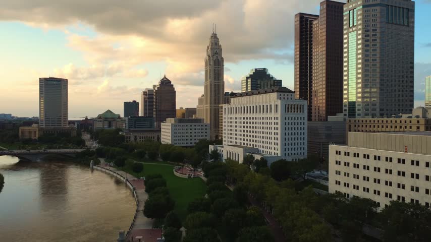 Drone shot of Columbus, Ohio Skyline featuring the LeVeque Tower, the Ohio Supreme Court Building, and the Vern Riffe State Office Tower