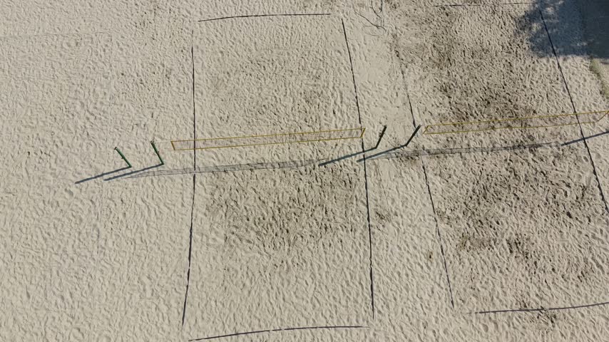 Aerial Top Down View Descending Drone Shot Over Sand Beach Volleyball Courts 4K