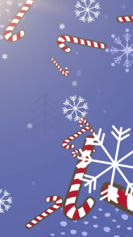 Animation of falling snowflakes an candy cane on blue background. christmas, tradition and celebration concept digitally generated video.