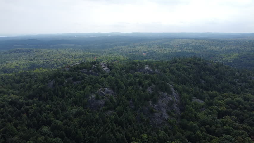 Drone shot over forest and rocky cliffs in Marquette, Michigan 24fps