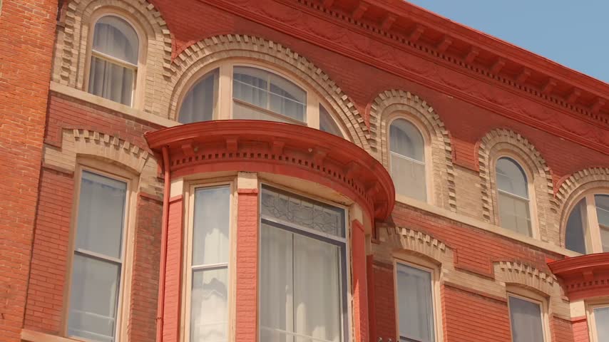 Facade Of A Historic Preserved Architecture In Galena, Illinois, Midwest Community In The United States. Tilt-down Shot
