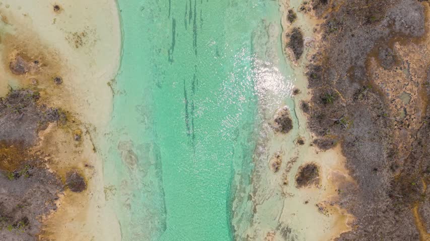 Crystal-clear turquoise channel with stromatolites in Bacalar, Mexico