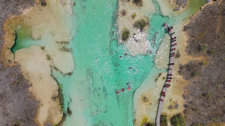 Drone panorama of Los Rápidos and stromatolites in Bacalar Lagoon, Mexico