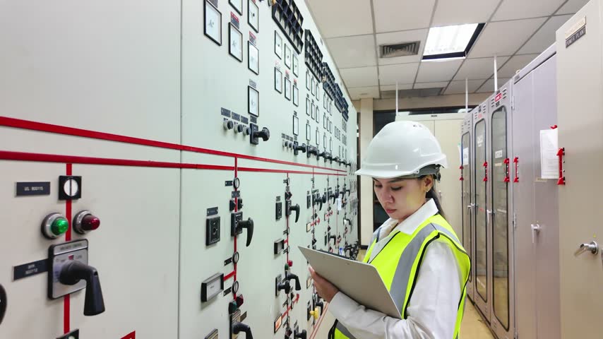 Engineer in reflective vest holding clipboard while monitoring electrical panel inside substation switchgear control room