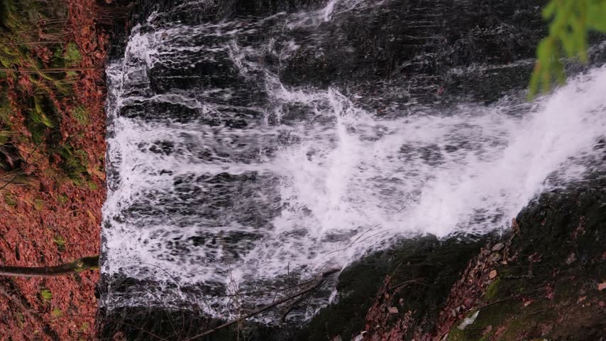 View of multi-tier waterfall flowing over dark moss-covered rock face in deciduous woodland during autumn, silky white water streams contrasted with wet black stone, fallen leaves