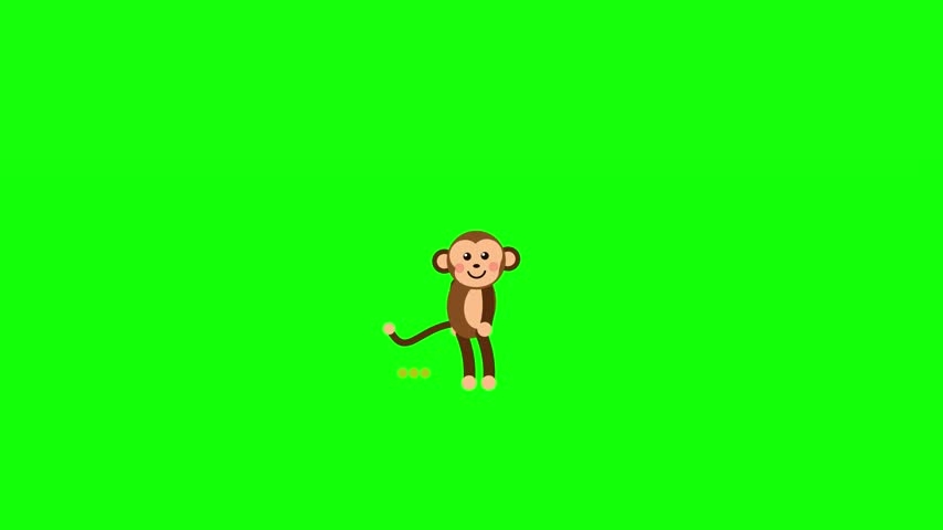 A cheerful brown cartoon monkey character stands centered in the frame performing a playful dance movement on a vibrant solid green chroma key background. The flat vector style illustration features clean geometric shapes and bright primary tones. The creature wiggles its long tail and moves rhythmically from side to side with a friendly smiling expression on its face.
