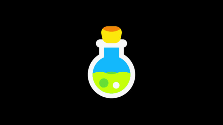 Colorful magical potion bottle with green liquid, skull details and a Halloween witch hat on transparent background.
