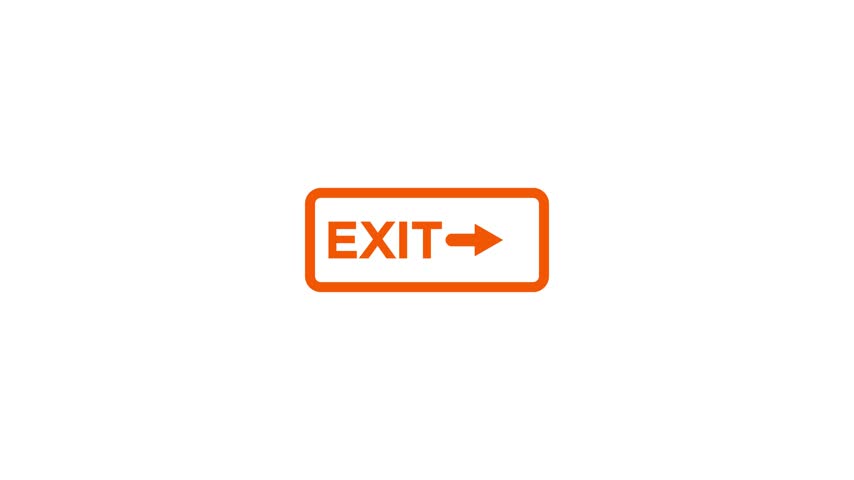 glowing neon exit sign with arrow animation on white background.