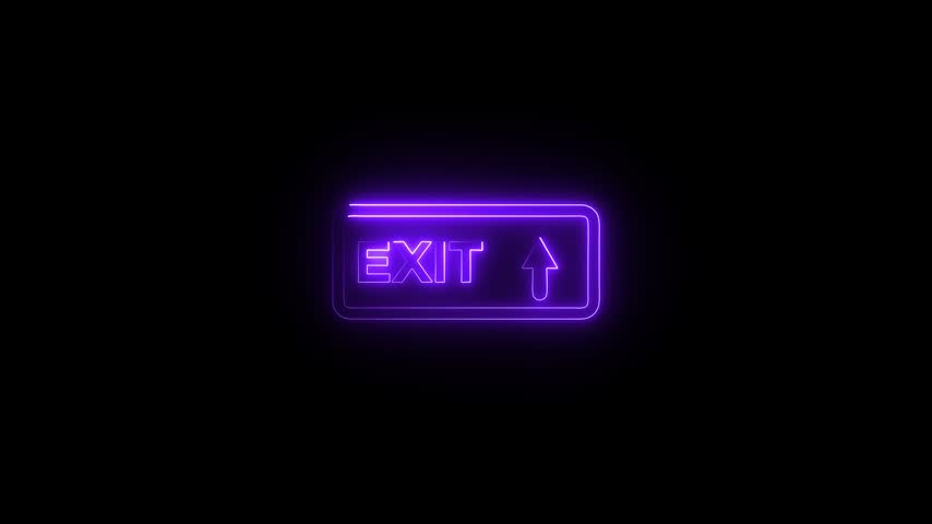 glowing neon exit sign with arrow animation on black background.
