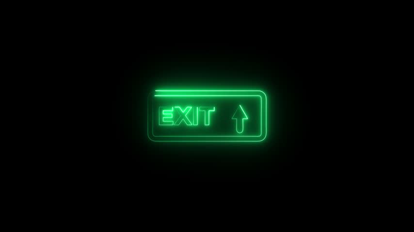glowing neon exit sign with arrow animation on black background.