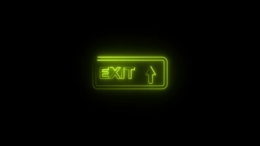 glowing neon exit sign with arrow animation on black background.