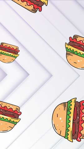 Animation of hamburger icons falling over white triangle pattern. Fast food, food and eating concept digitally generated video.