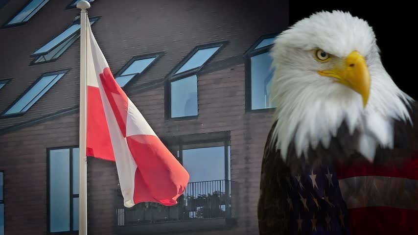 Greenlandic flag waves beside a bald eagle with a translucent American flag overlay, symbolizing diplomatic ties, geopolitical tension and cooperation between Greenland and the U.S