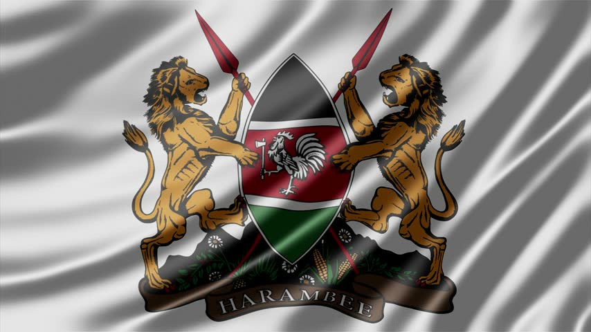 Waving Kenya coat of arms animation showcases the iconic national emblem rendered on a flowing fabric surface with soft light and ripples that emphasize the majestic lions and traditional spear motifs in this high quality professional digital video footage file today.