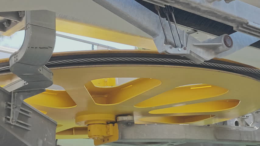 Close up of a large yellow sheave wheel operating a cable car lift mechanism in a continuous loop at a ski resort
