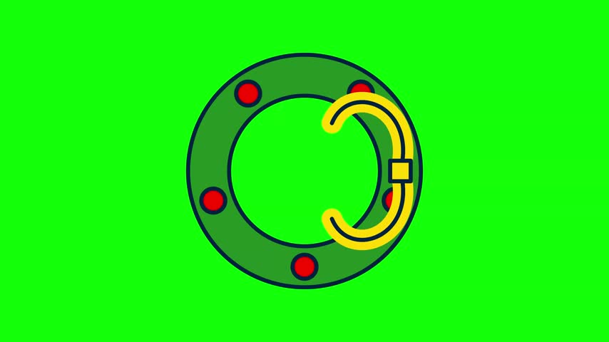 Minimalist vector illustration of a circular green Christmas wreath featuring five red berry ornaments and a yellow curved ribbon element on a solid bright green background screen.