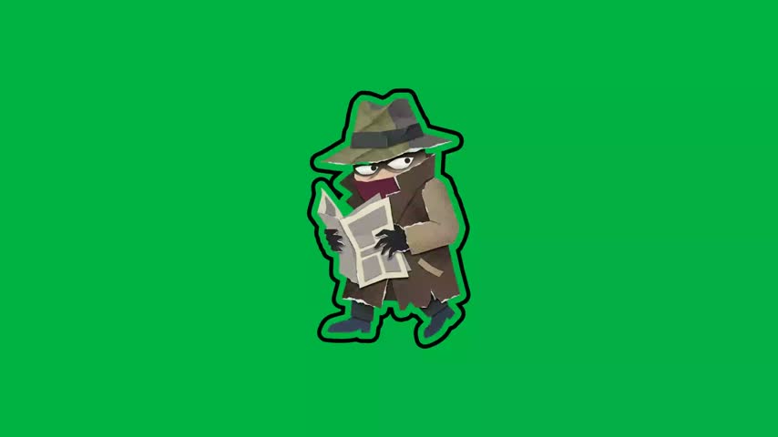 Cartoon illustration of a mysterious detective character reading a newspaper on green background.