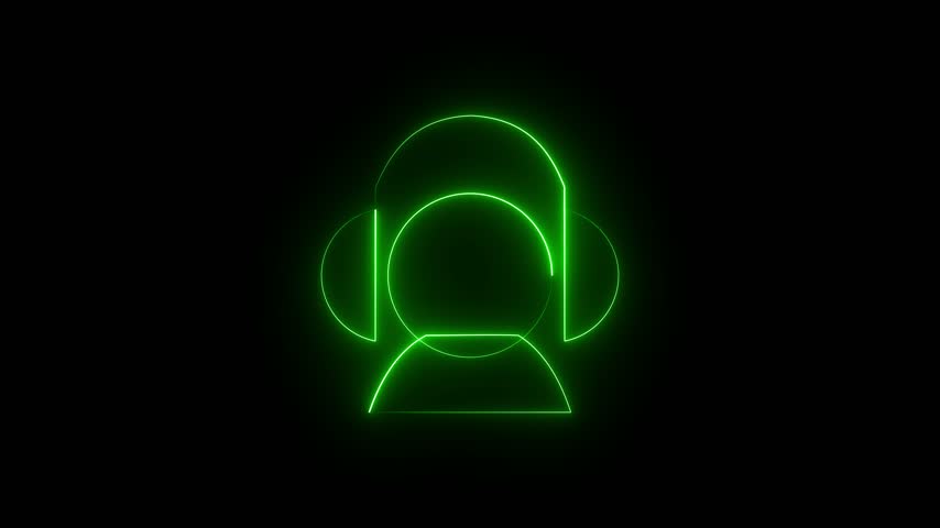 A minimalist neon line art illustration of a person with headphones, featuring a vibrant glowing green light effect against a deep black background.