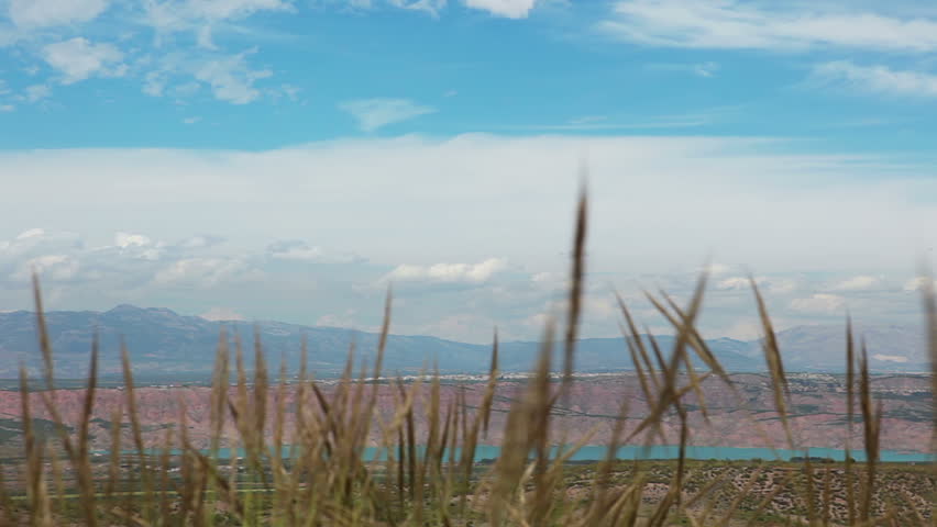Defocused stems of prairie grass and background with mountains, lakes and sky