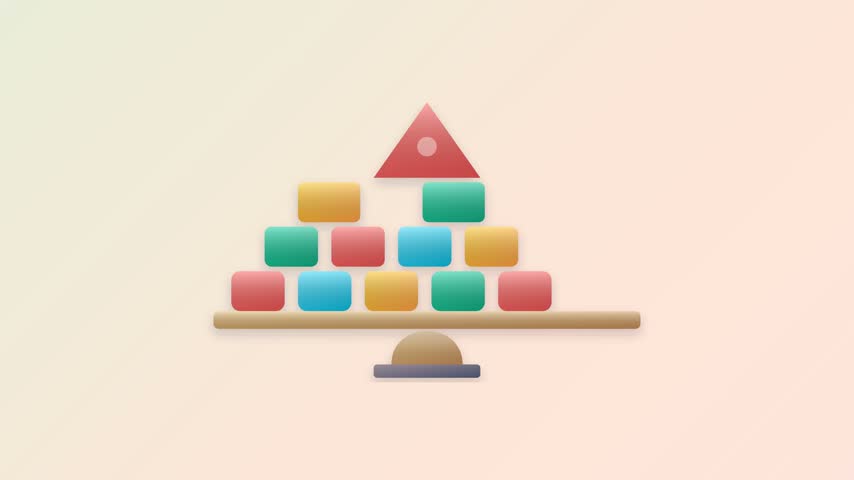 A whimsical animation of colorful blocks stacked and balanced on a seesaw, topped with a red triangle, against a soft gradient background.