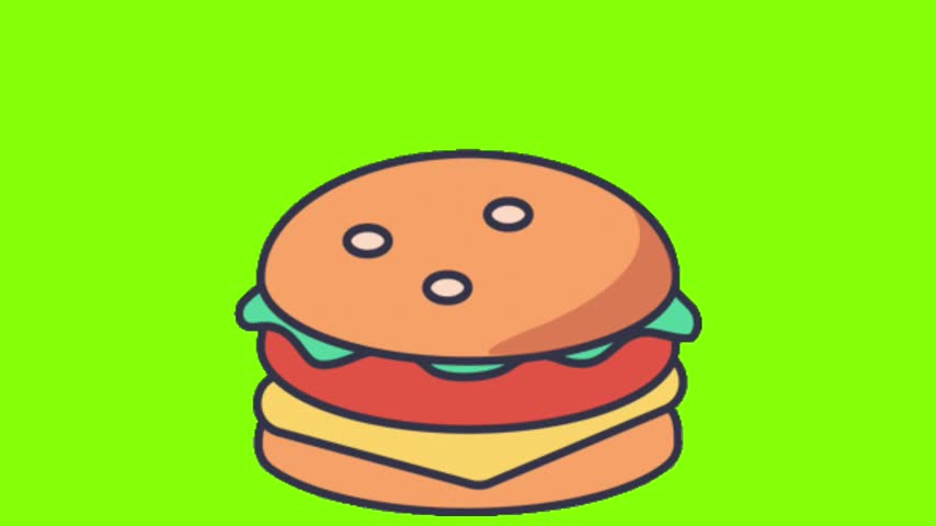 Delicious burger clipart isolated on a green screen background, featuring a classic hamburger suitable for fast food, restaurant menus, food advertising, delivery services, social media content, packaging, and creative design projects.