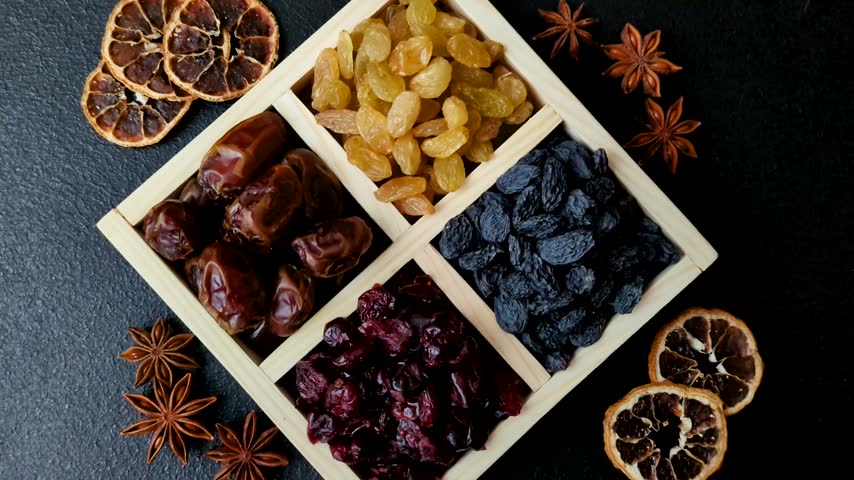 Dried fruits and berries, cranberries, dates, and raisins for a healthy diet. Dried berries and fruits