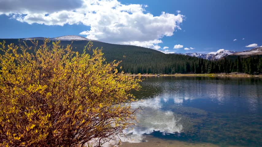 Mountain lake reflecting clouds on a beautiful autumn day in Colorado.