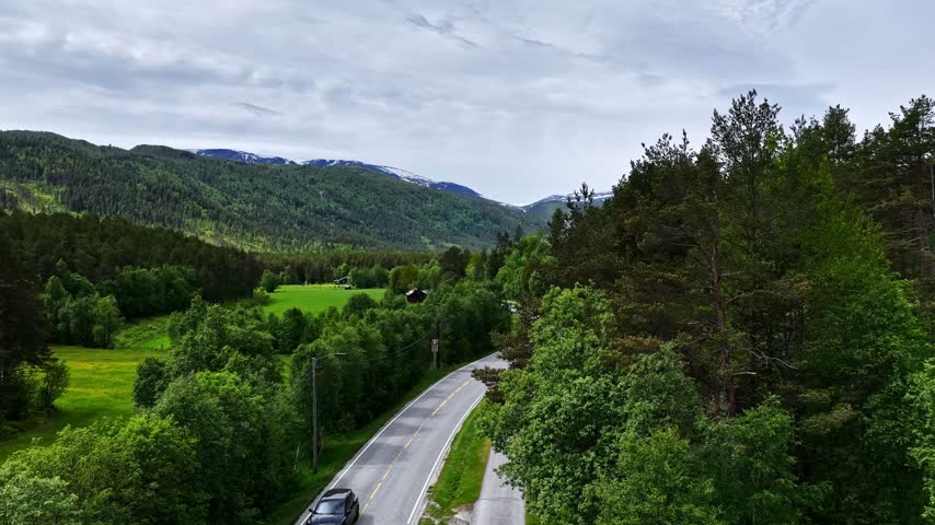 Aerial view of a scenic asphalt road winding through lush green meadows and dense pine forests under a cloudy sky in Norway.