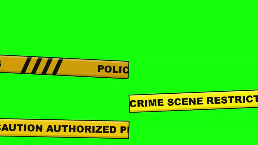 Multiple yellow and black warning tapes with text are moving horizontally across a vibrant green screen background with orange and white traffic cones visible.