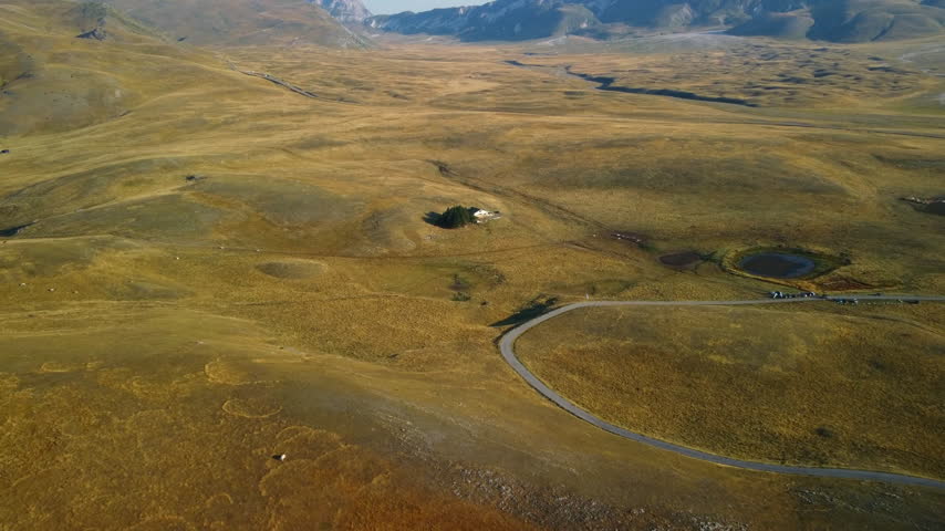 Drone curved road yellow land house, forward flight view. Aerial landscape of winding street in vast dry grassland with isolated cabin.