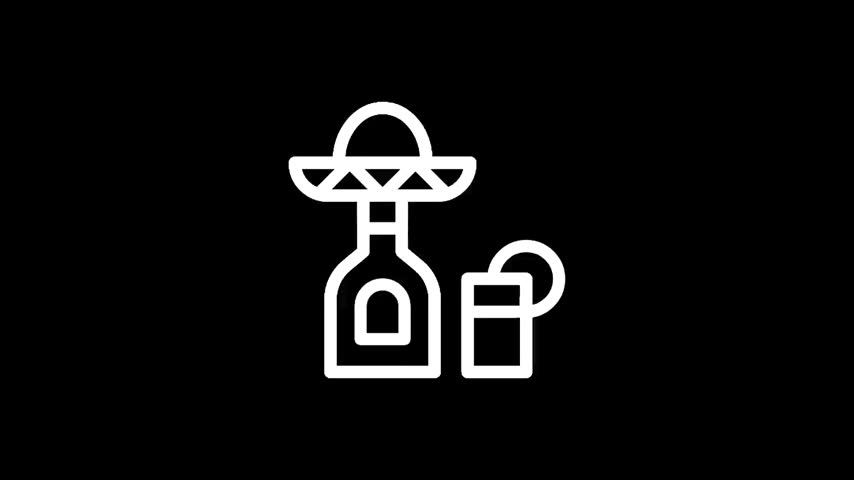 A minimalist white line art illustration on a black background depicts a bottle of tequila topped with a sombrero next to a glass of margarita garnished with a lime wedge