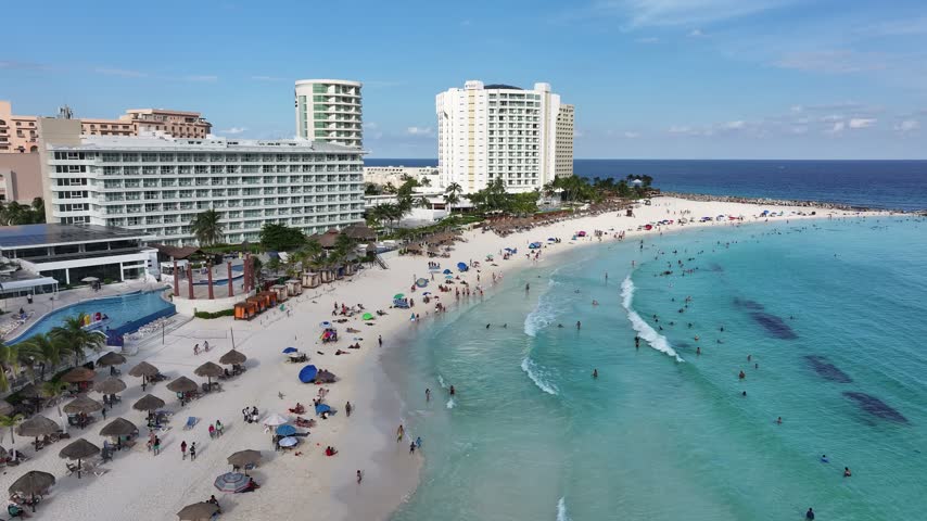 Aerial view of the coastal natural scenery of the beach resort in Cancun, Mexico
