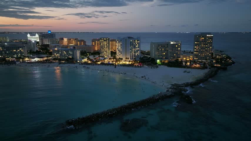 night aerial view of the coastal natural scenery of the beach resort in Cancun, Mexico