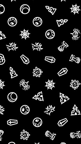 Halloween icons, animation loop. Seamless pattern background. small Halloween icons rotate slowly on black backdrop