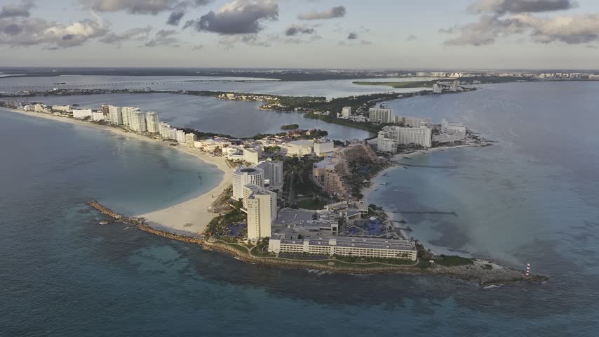 Aerial view of the coastal natural scenery of the beach resort in Cancun, Mexico