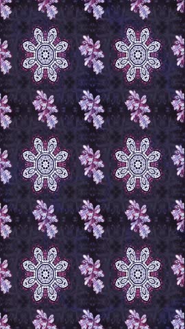 Vertical purple video with delicate glowing butterfly and floral motifs on a deep black background. Seamless loop for elegant fantasy, textile and decorative motion design.