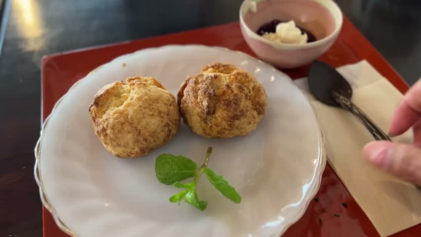 Cutting Open Cream Puffs Pastry Dessert Plate