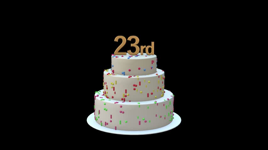 3D 23rd Birthday Cake Animation with Decorative Frosting and Celebration Design on Black Background