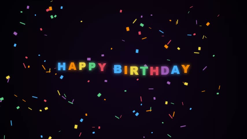 Colorful Happy Birthday Text Animation with Rainbow Confetti on Black Background