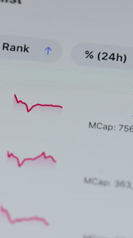 Vertical video. Investor checking Bitcoin, Ethereum and other altcoin cryptocurrency price index on mobile phone screen.
