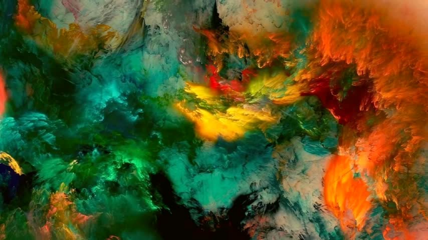 Vibrant multi-colored fractal cloud resembling oil paint splash and fire smoke in motion. Dynamic mix of green, orange, red, and yellow abstract artwork flowing smoothly on a black background.