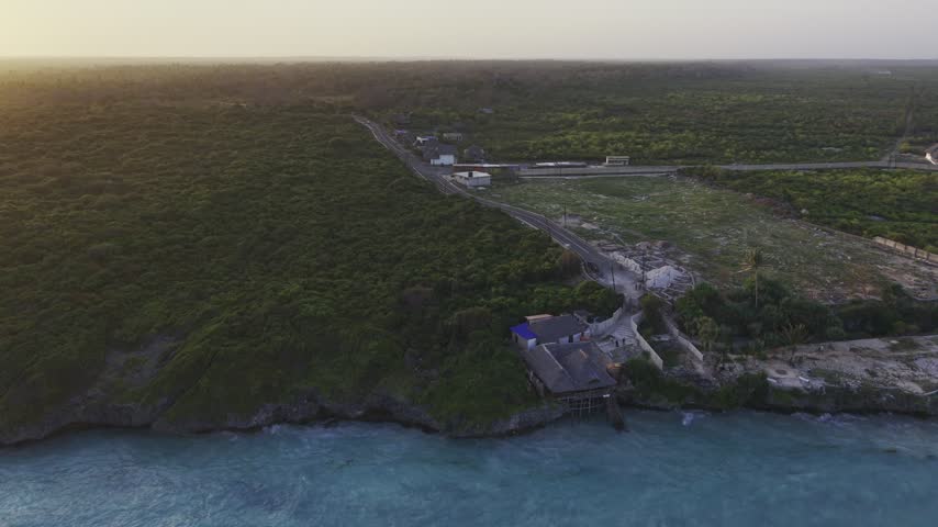 Drone flies from Indian Ocean high over Mtende Beach toward forest with baobab trees at sunset in Zanzibar, Tanzania