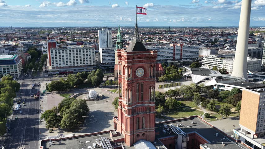 City Hall In Berlin In Germany. Berlin Flag Waving Scene. Downtown District. Medieval Buildings. City Hall In Berlin In Germany. Government Office. Beautiful Skyline. Central Europe City.