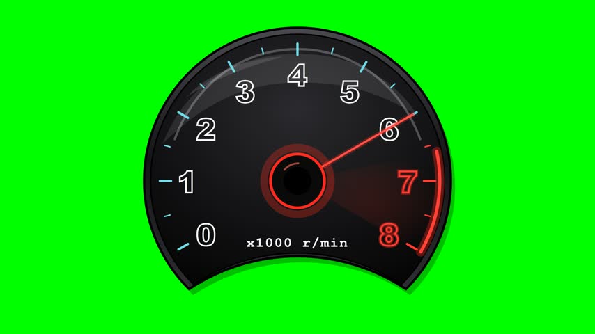 glossy black cluster silhouette with concave bottom and beveled rim, dark dial with diagonal glass shine, cyan ticks and hollow white outline numbers 0 to 6, glowing red ticks and red outline numbers 7 and 8. Numbers are placed with equal visual gap to tick endpoints at every angle (no overlap). arc with soft glow wedge from the hub, black hub with glowing red ring, thin red glowing needle and white x1000 r min label. The needle idles calm and steady at 6 while decelerating, then full-throttle revs hard up to 8 with rising engine vibration, judders and bounces at the limiter like gas pol.