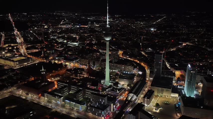 Night Berlin Skyline In Germany. Highrise Buildings. Illuminated City. Television Tower. Berlin Skyline In Germany. Tourism Landmark. City At Night Skyline. Travel Destination.