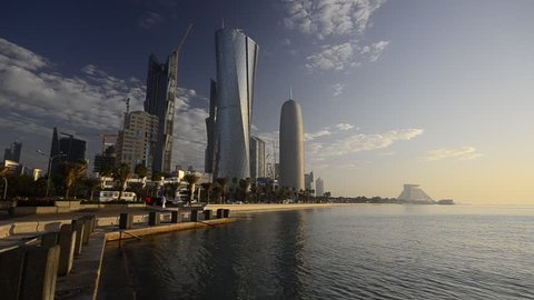 DOHA, QATAR - CIRCA 2011 - Newly built Skyline along The Corniche, left to right Palm Tower, Al Bidda Tower and Burj Qatar